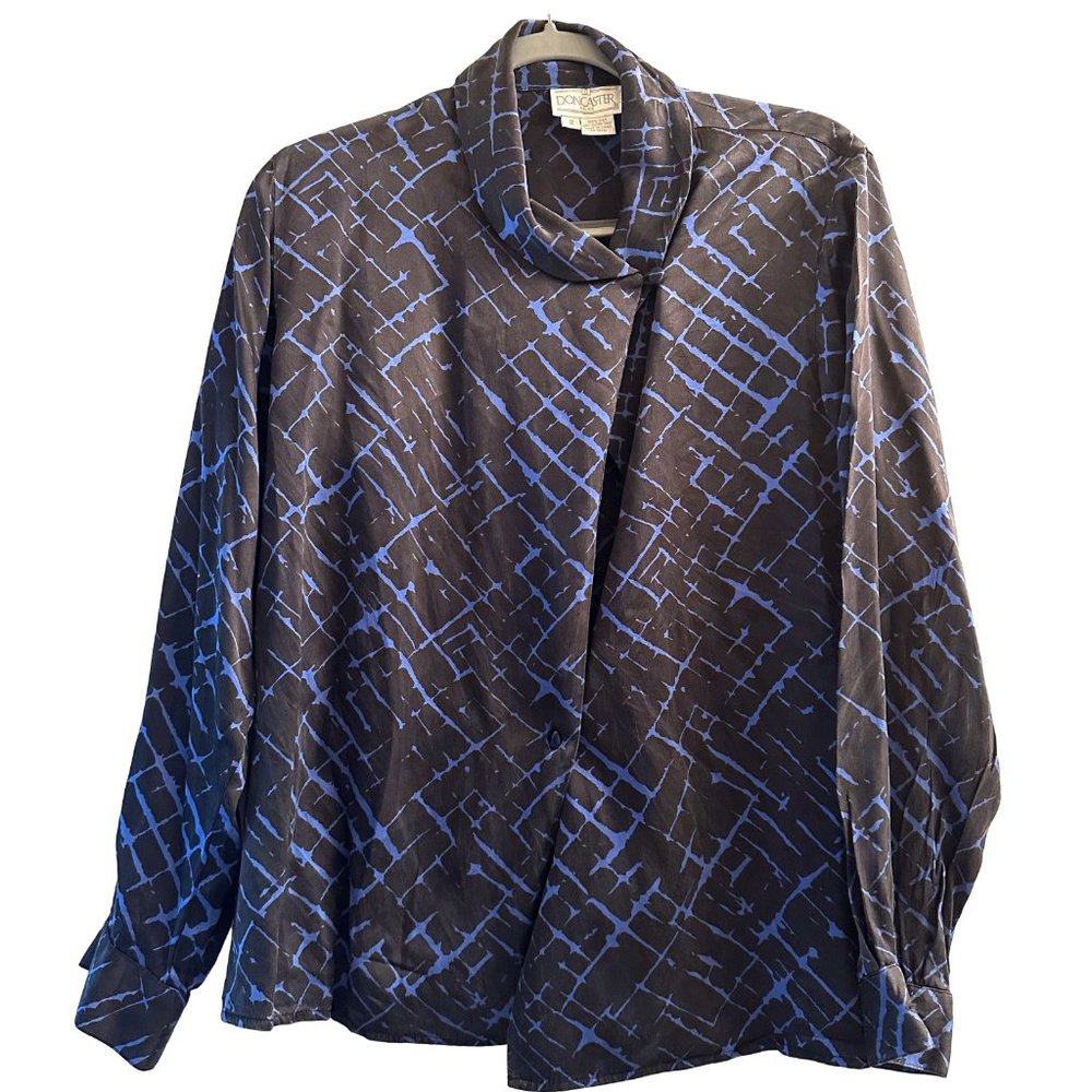 Doncaster Woman's Top Dress Blouse Black & Royal Blue 100% Silk Size 2